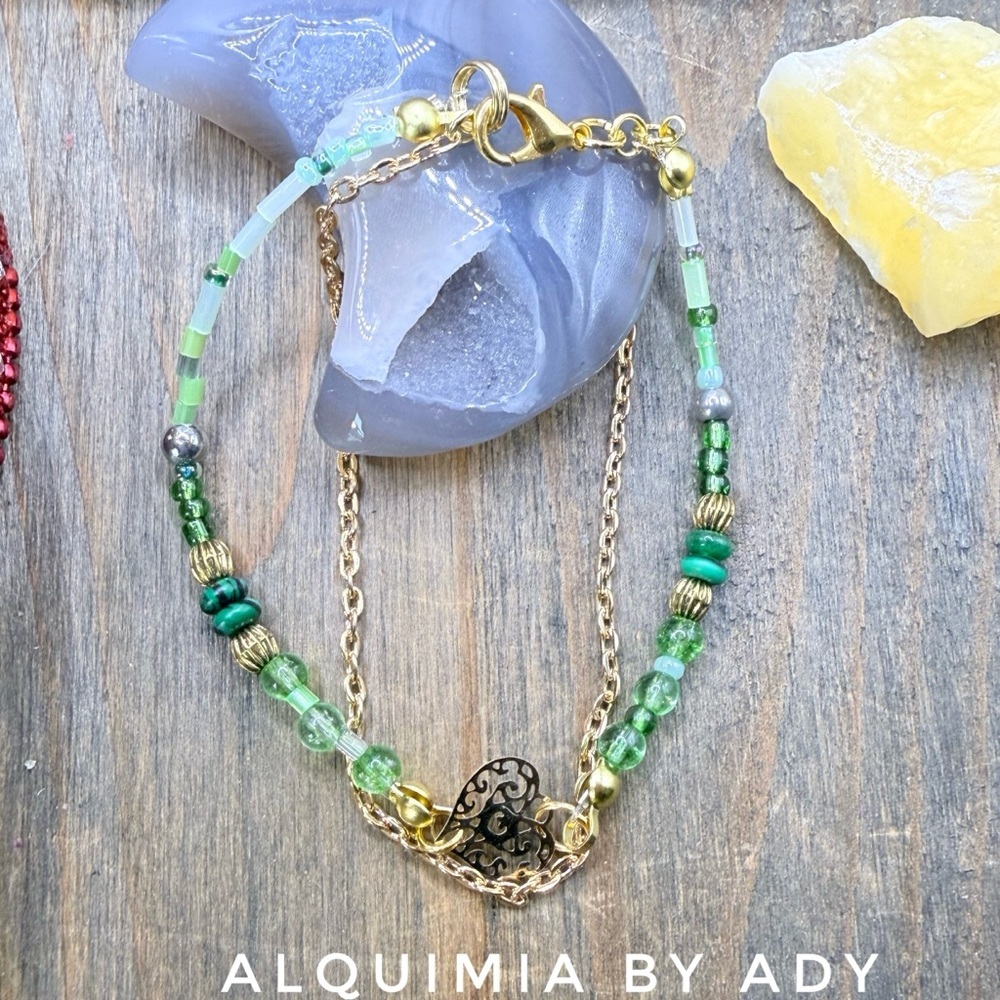 LAYERED Aventurine gemstones Green + GOLD Beaded Bracelet HEART CHARM